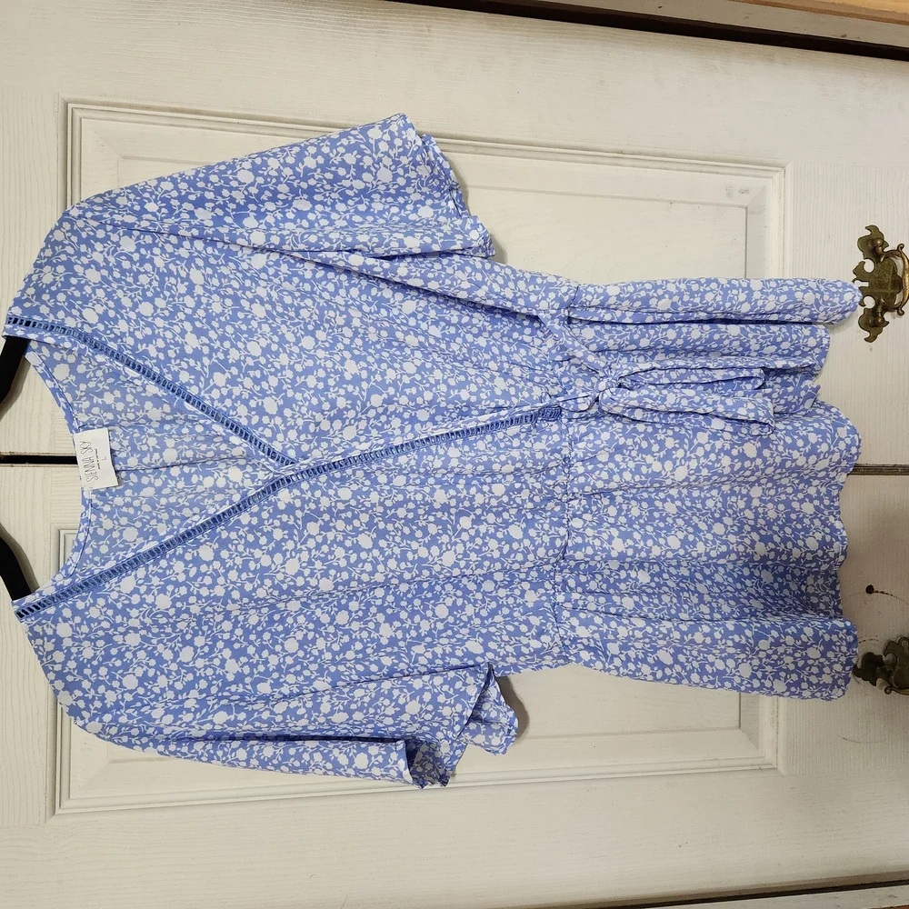 Blue and White Floral Wrap Dress - Picture 2 of 8